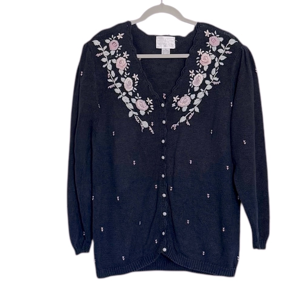 Vintage Just For Women Embroidered Ramie Blend Navy Cardigan Sweater Size 1X